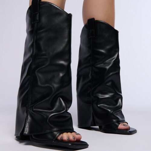 AZALEA WANG ALARIC BLACK WESTERN OPEN TOE SANDAL BOOT